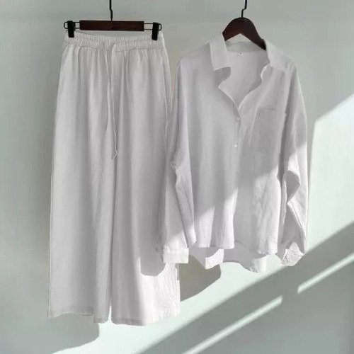 Conjunto De Camisa Y Pantalones De Algodón Y Lino Para Mujer