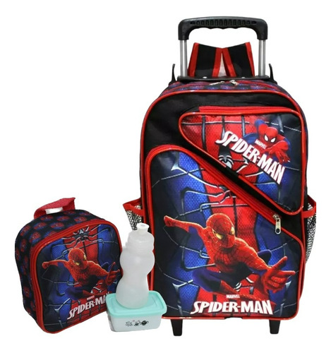 Kit Mochila Homem Aranha 3 Bolsos Rodinhas Tam G + Lancheira