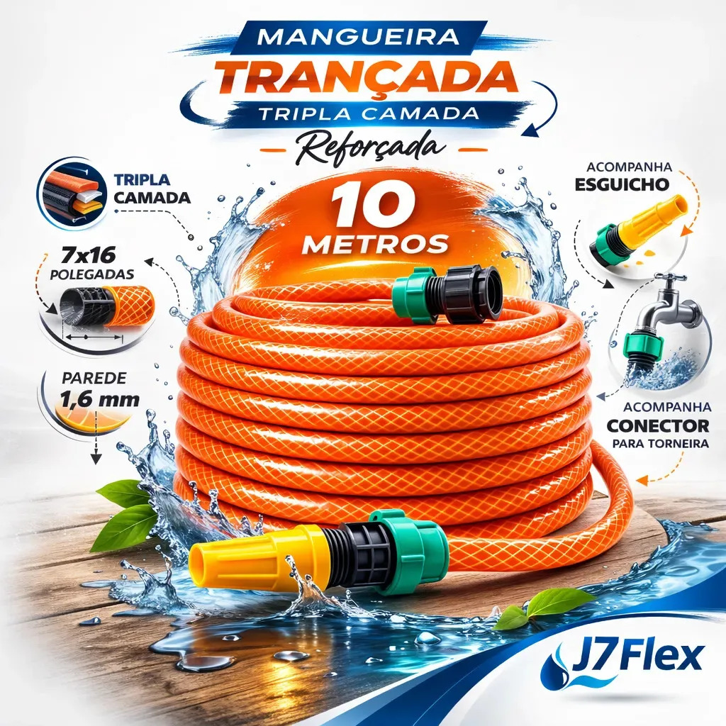 Mangueira de Jardim 10 Metros Trançada Reforçada Flexível Laranja 7/16 com Esguicho para Irrigação Quintal Lavagem Durável J7 Flex