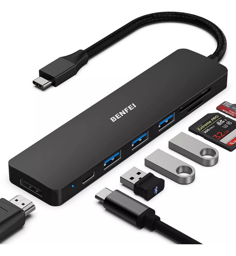 Hub Premiun Adaptador Usb 3.0 C Hdmi Lector Sd Tf Benfie 307 Color Gris