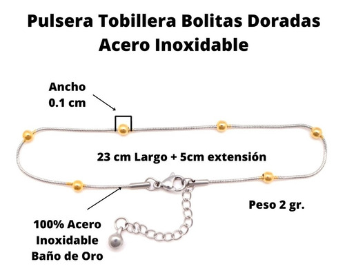 Imagen 3 de 6 de Pulsera Tobillera Mujer Acero Plateado Bolitas Doradas Moda