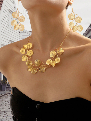 2 Piezas Collares Y Aretes Hoja De Aleación Chapado