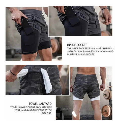 Shorts Gym Hombre 2 En 1 Bolsa Celular Pantalones Cortos