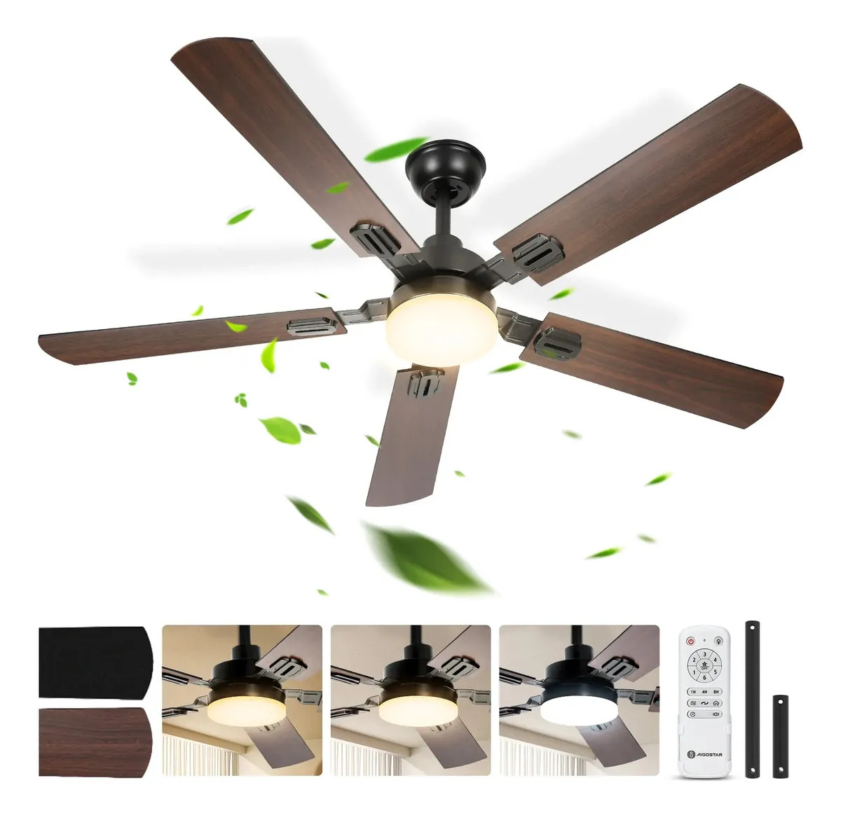 Ventilador de Techo con Luz LED 52 Pulgadas, Control Remoto, Silencioso, Motor DC Reversible 33W, 6 Velocidades, Luz Regulable 3000K/4000K/6500K para Dormitorio, Sala o Cocina - Aigostar