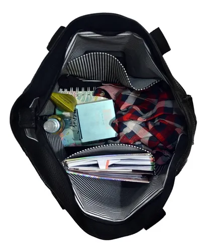 Amplia Cartera Tote Negra Con Bolsillos