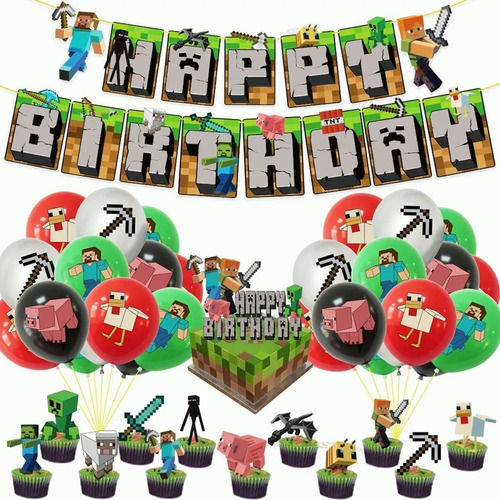 Globos De Cumpleaños Decoracion Fiesta Minecraft Infantiles
