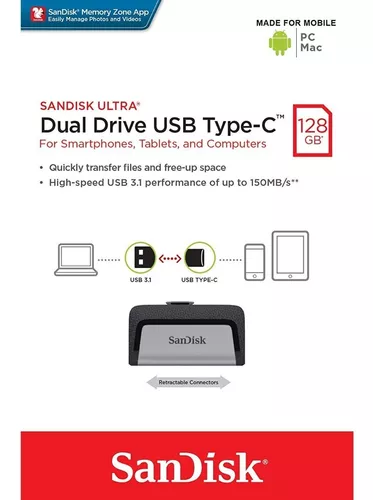 Pendrive para móvil 128 GB  SanDisk Ultra Dual Drive Go, 2 en 1, USB-C,  USB-A, 3.1, OTG, 150 MB/s, Negro