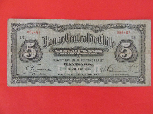  Billete Chile 5 Pesos Firmado Figueroa-burr Año 1930 Escaso