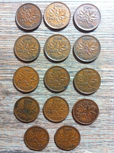 15 Monedas Canadá 1 Cent Años 1940s Rey George V| Set