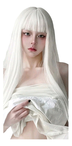 Peluca Blanca Lisa Larga Con Fleco Fibra Mate Color Blanco Tamaño De La Base 65cm
