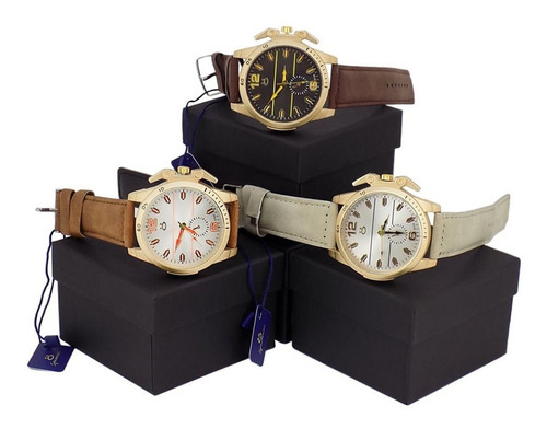 Kit 3 Relógios Masculino Dourado Original Promoção + Caixa