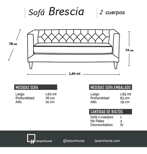 Sofa Brescia 2 Cuerpos Tela Velvet Vivian - Latam Home