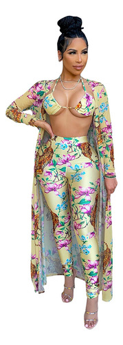 Conjunto De Tres Piezas Con Chal Largo De Malla Transparente