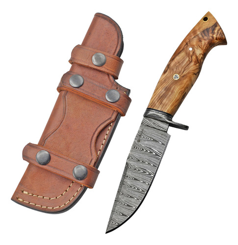 Cuchillo De Caza Damasco Hecho A Mano Con Funda De Cuero Y H