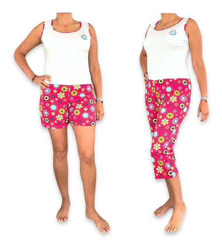 Pijama De Dama Fresca 3 Piezas Blusa Short Y Pantalón Capri