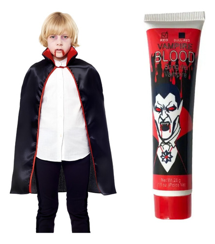 Capa Vampiro Niño Halloween 90cm + Sangre Falsa Vampiro