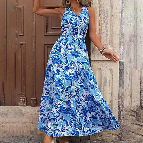 Cintura Elástica Plisada Casual Estampada Para Mujer, Cuello