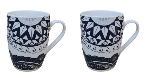 Set X 2 Taza Ceramica Dibujos Blanco Gris Negro Mug 360 Ml