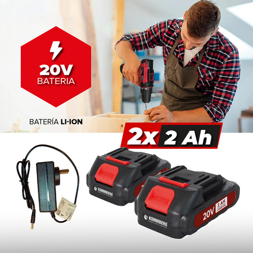 Taladro Percutor + 2 Baterias 20v Kommberg 13mm Maletin 2 Baterias, Cargador Y Accesorios Kb-tpb1020-2