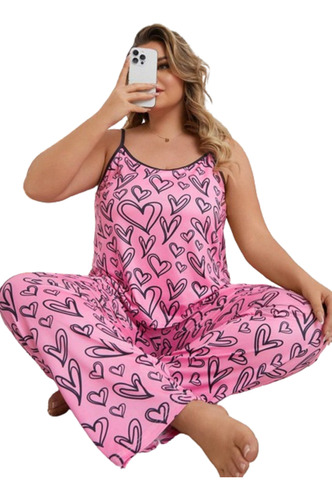 Conjunto Pijama Pantalón Rosa Corazones, Talla Extra 4xl 