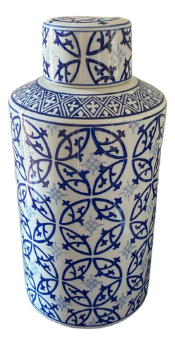 Vaso Pote Decorativo Porcelana Branco E Azul A30 D14