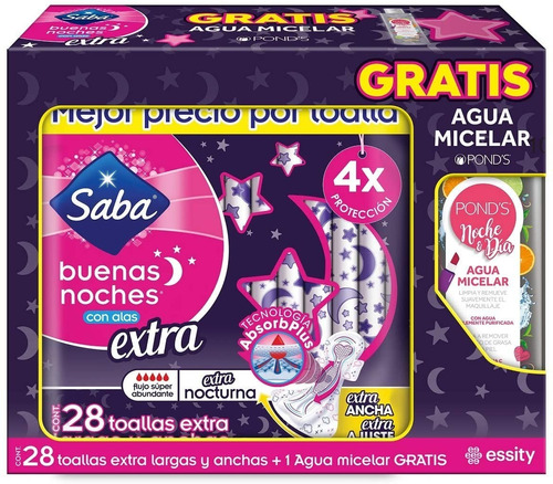 Toallas Femeninas Saba Buenas Noches Extra 28u Agua Micelar | MercadoLibre