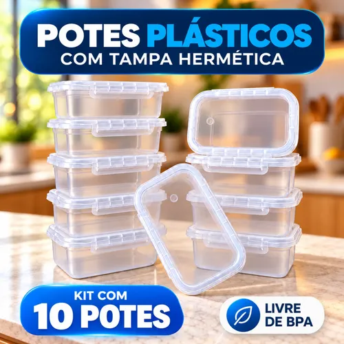 Kit 10 Vasilhas Para Comida 800ml Com Trava Lateral Freezer Retangular Transparente