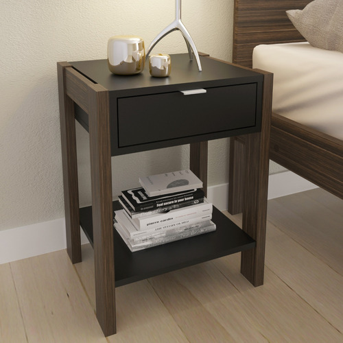 Mesa de Cabeceira 1 Gaveta com Tomada Tecno Mobili AZ1016 Cor Marrom e Preto