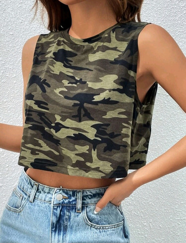 Top Musculosa Estampada De Mujer Verde Militar Estampa S