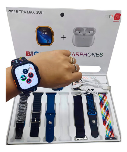 Reloj Smartwatch I20 Ultra2 Max Suit (10 En 1) Más Audífonos Caja Blanco Malla Variedad Para Hombre Bisel Negro