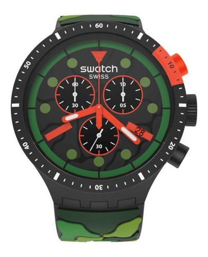 Reloj Swatch Unisex Big Bold Chrono Escapejungle Sb02b409 Color de la malla Verde Color del bisel Negro-Rojo Color del fondo Negro-Verde-Rojo