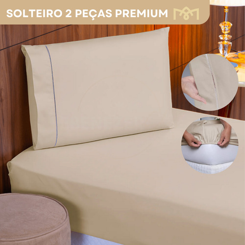 Jogo De Cama Solteiro 2 Peças 400 Fios Ponto Palito Toque Suave C/ Elástico Caqui