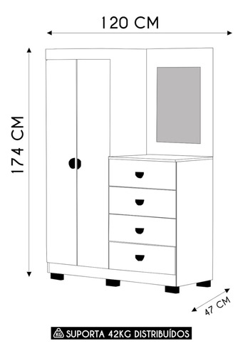 Guarda Roupa Cômoda Com Espelho 120cm Rita Imbuia Rústico V0