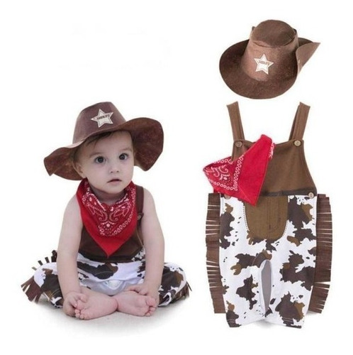 Fantasia Infantil Cowboy Fazendinha: Jardineira Lenço Chapéu