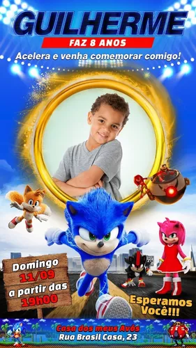 Convite de Aniversário Sonic - 12 Unidades