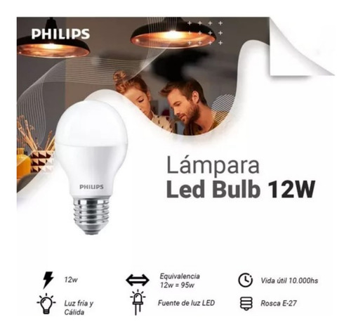 Lampara Philips Foco Ampolleta Led 12w = 80w - Pack X 2 U. Luz Fría 12w X 2 U.