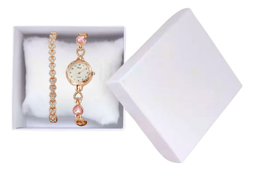 Relógio Feminino Com Pulseira Rosê Golden Corações Strass Correia Rosa Bisel Dourado Fundo Rosa