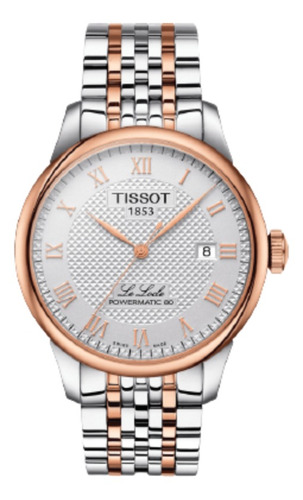 Reloj pulsera Tissot T-Classic Le Locle Powermatic 80 Le locle powermatic 80 de cuerpo color plateado y oro rosa 5n, analógica, para hombre, fondo plateado, con correa de acero inoxidable color gris y oro rosa 5n, agujas color oro rosa 5n, dial oro rosa 5n, minutero/segundero negro, bisel color oro rosa 5n y mariposa