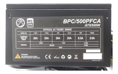 Fonte 500w Real Brazil Pc Bpc/500pfca Preta Bivolt Preto