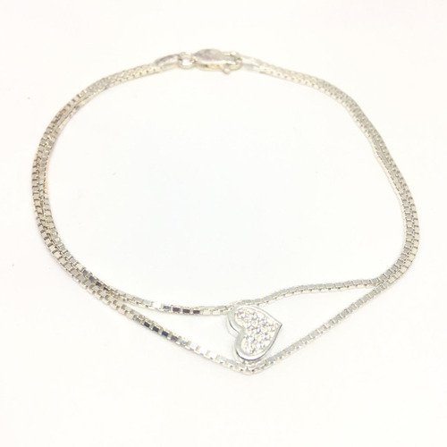 Pulsera Doble Veneciana Dije Corazon Con Cubic Plata 925