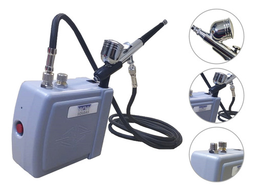 Mini Compressor Kit Aerografia Completo Com Aerógrafo 0,3mm Bivolt 110v/220v Para Confeitaria, Airbrush, Aeromodelismo, Automotiva Wwsoldas