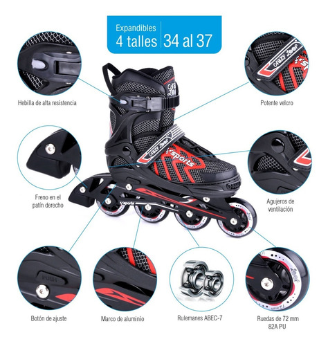 Imagen 2 de 10 de Rollers Extensibles Crazy Loop Rojo Y Negro Talle M Full
