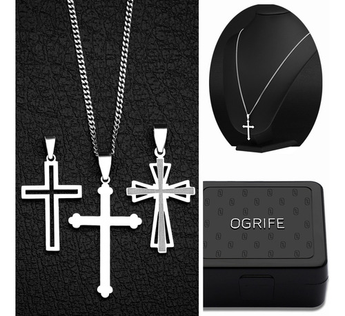 Kit 1 Corrente 3 Pingentes Crucifixo Aço Inox 316l Prata