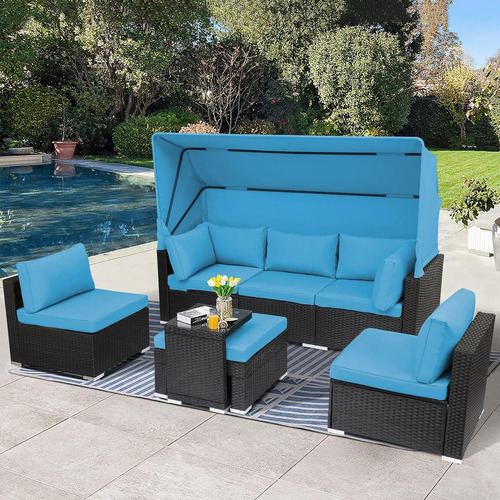 Juego De 7 Muebles Exterior Sofa Modular Toldo Azul Magic U
