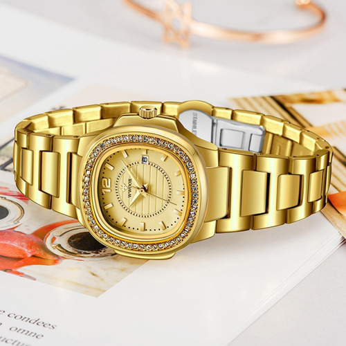 Reloj Wwoor 8874dp pequeño cuadrado plateado dorado para mujer