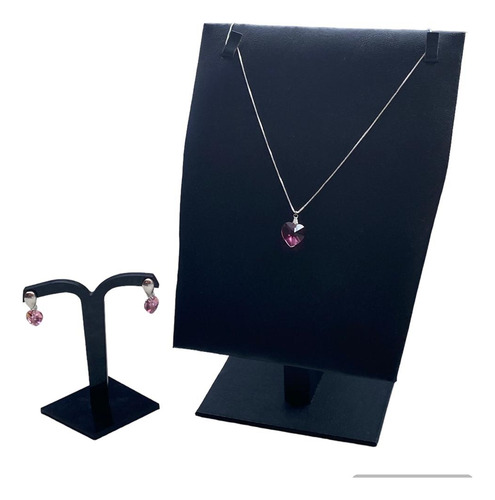 Conjunto Brinco E Colar Cristal Coração Folhado Prata