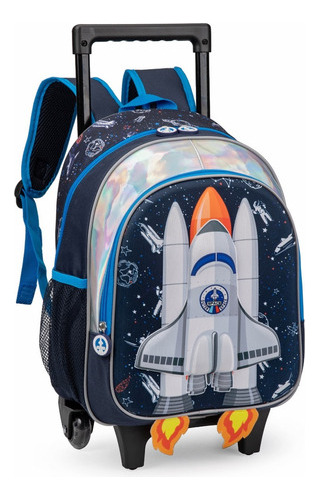 Mochila De Rodinha Space Foguete Escolar 2024 Auto Relevo Cor Azul-escuro