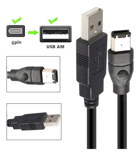 Cable Negro Firewire 1394 De 6 Pines Macho A Usb 2.0 Macho,