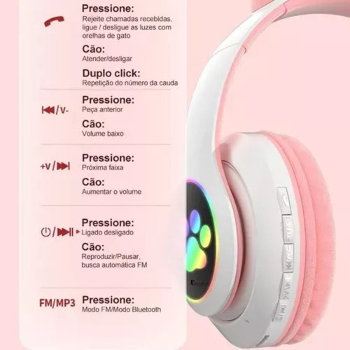Fone De Ouvido Gatinho Bluetooth Com Luzes Led Infantil Rosa