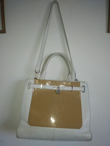 Cartera Prune Cuero Y Charol Blanca Y Nude (beige) Hermosa!